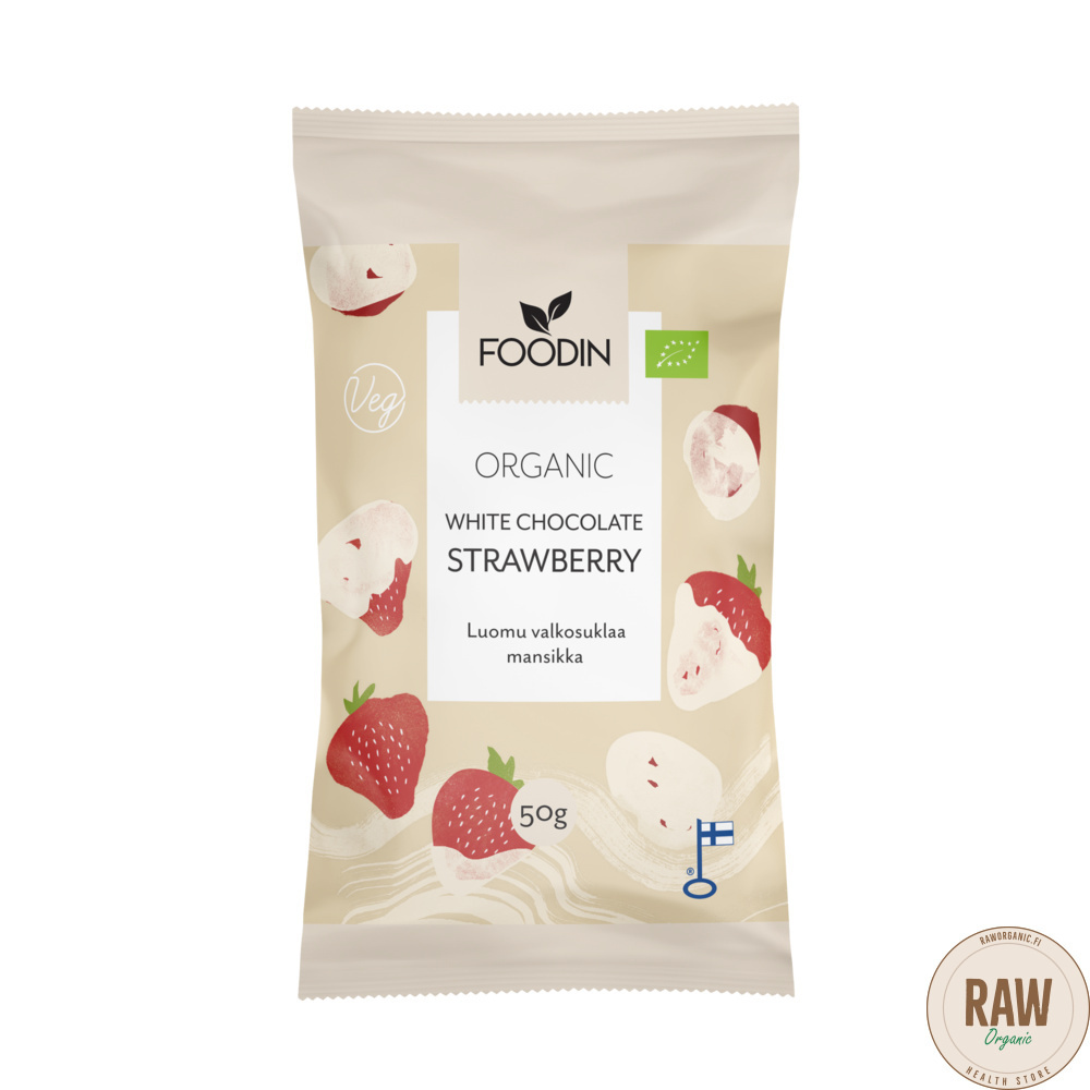 Foodin Valkosuklaamansikka, 50g luomu