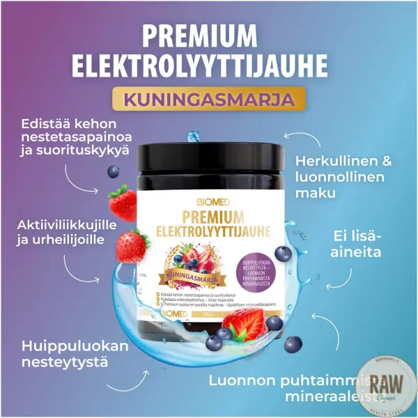 Biomed Premium Elektrolyyttijauhe Kuningasmarja 120g – kuva 2