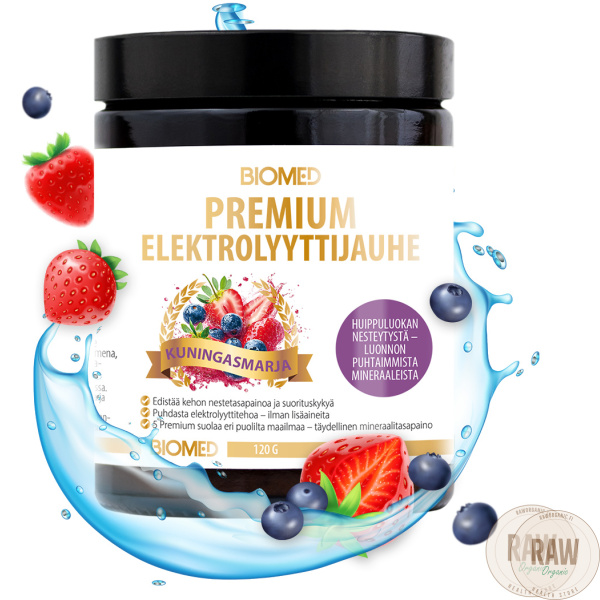 Biomed Premium Elektrolyyttijauhe Kuningasmarja 120g – kuva 3